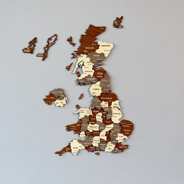 United Kingdom wooden wall map with county names, plus Shetland, Orkney and Northern Ireland, in brown and cream wood
