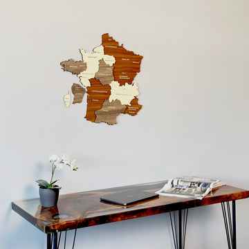 France wooden wall map, close view above the corner of a resin desk with an orchid