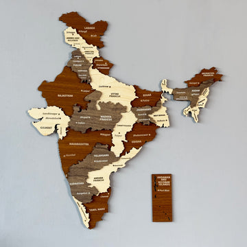 Multicolor 3D wooden India wall map with state names and a separate Andaman and Nicobar Islands piece