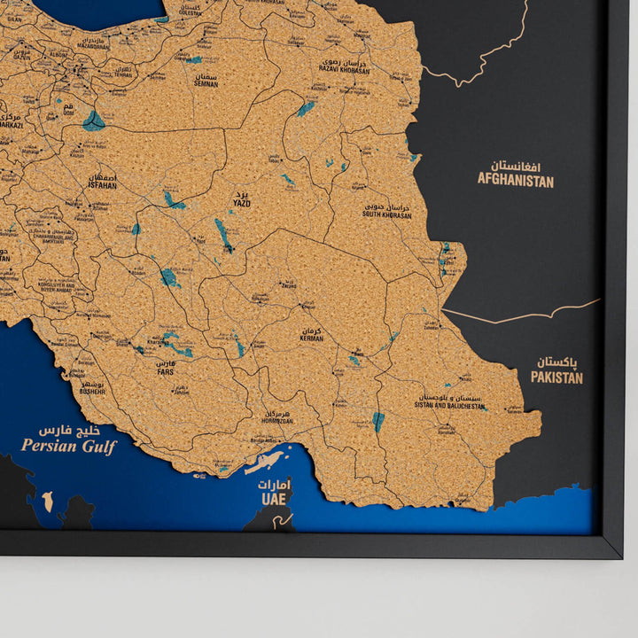 Framed Iran Cork Wall Map Decor