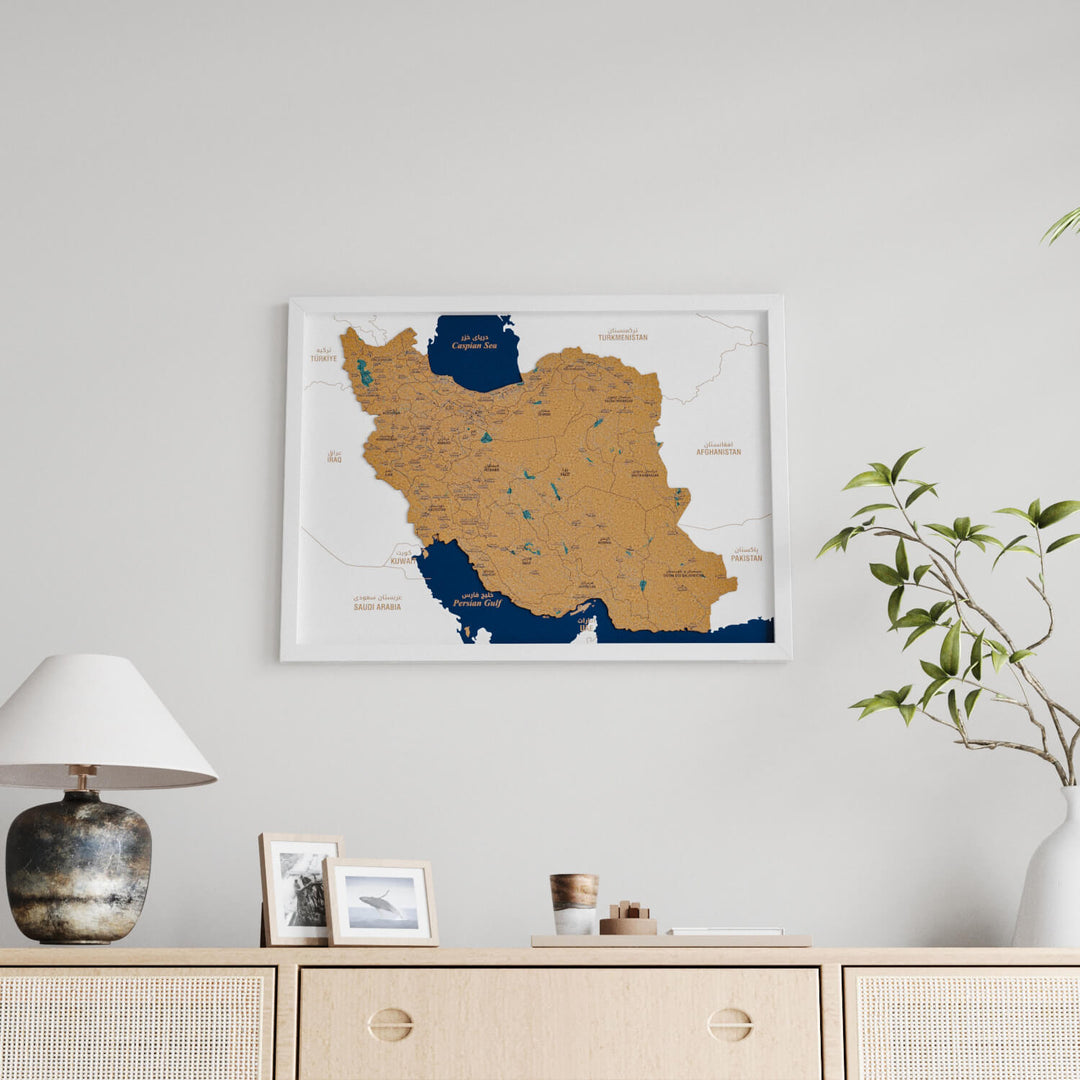 Framed Iran Cork Wall Map Decor
