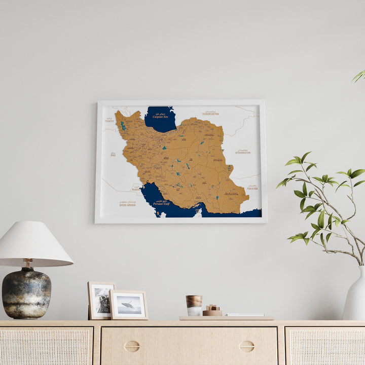 Framed Iran Cork Wall Map Decor