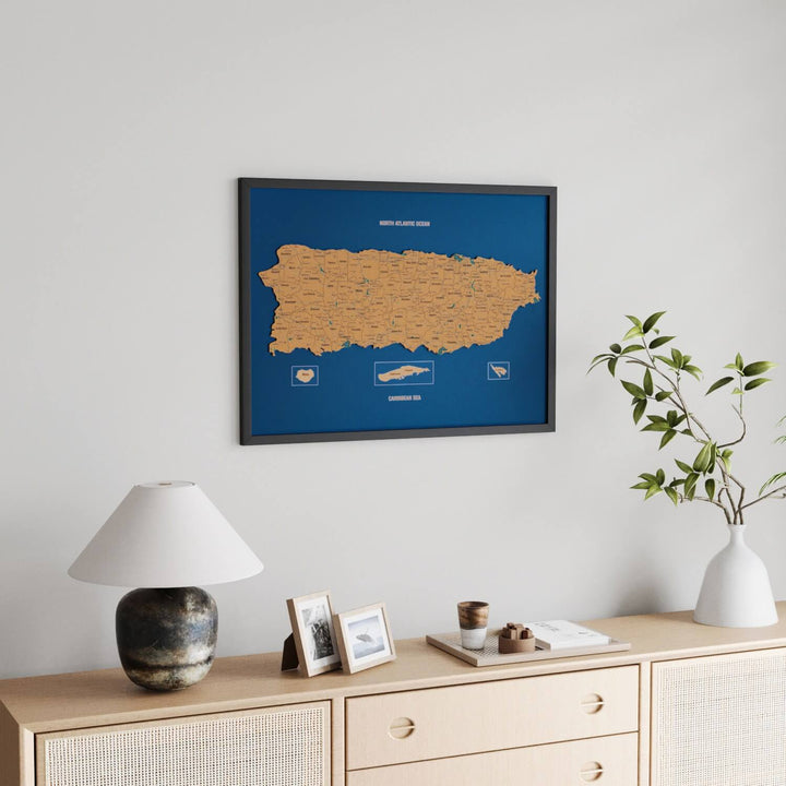 Framed Puerto Rico Cork Wall Map Decor