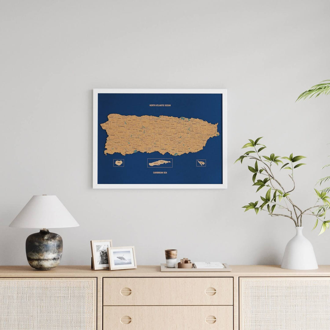 Framed Puerto Rico Cork Wall Map Decor