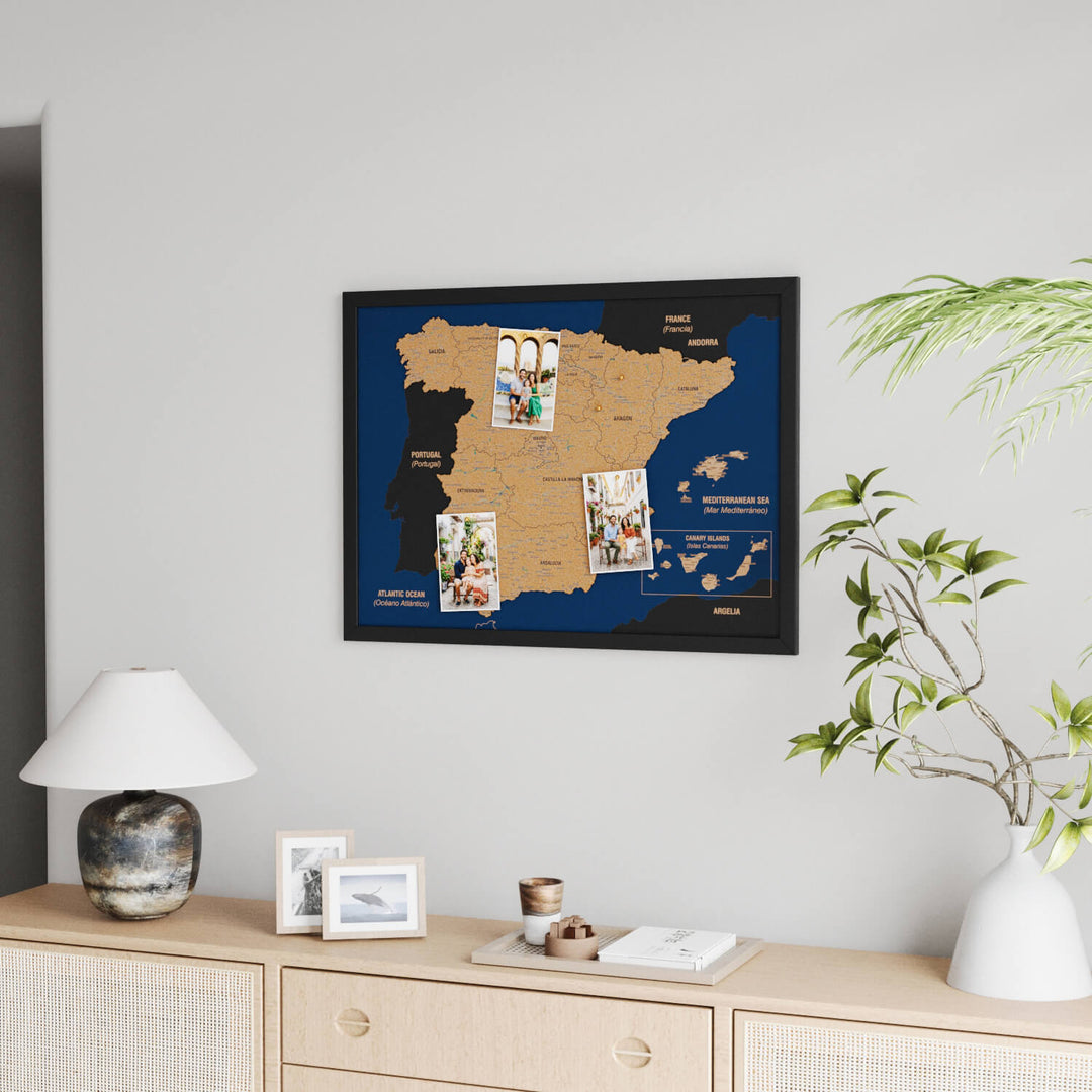 Framed Spain Cork Wall Map Decor