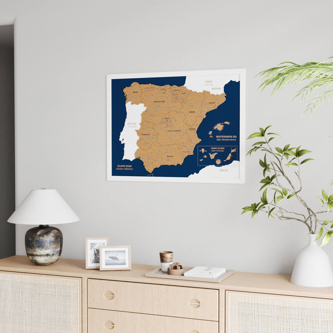 Framed Spain Cork Wall Map Decor