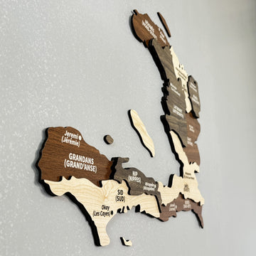 Haiti wooden wall map seen from a steep side angle, showing the depth of its layered wood