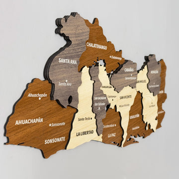 Close-up of El Salvador wooden map layers with Chalatenango, Santa Ana, Ahuachapán and La Libertad names