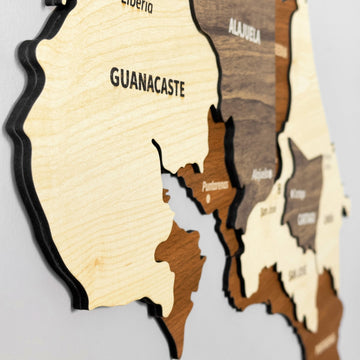 Close-up of the Costa Rica wooden wall map showing Guanacaste, Alajuela and Puntarenas in stacked layers
