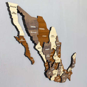 Close-up of the Mexico wooden wall map from a side angle, showing Sonora, Chihuahua and Baja California layers