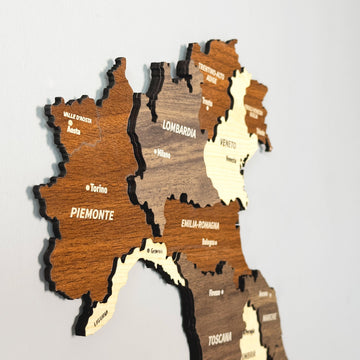 Close-up of the layered wooden Italy map showing Piemonte, Lombardia, Veneto and Emilia-Romagna
