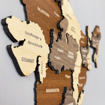 Close-up of the layered wooden India map showing Gujarat, Rajasthan, Madhya Pradesh and Maharashtra