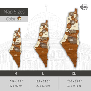 Size chart for the Palestine wooden map: M 5.9 x 15.7 in, L 8.7 x 23.6 in and XL 12.6 x 35.4 in
