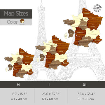 Size chart for the France wooden wall map: M 40 x 40 cm, L 60 x 60 cm, XL 90 x 90 cm, multicolor