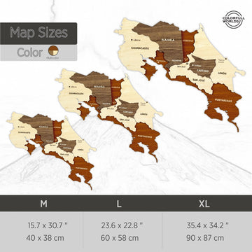 Size chart for the Costa Rica wooden wall map: M 40 x 38 cm, L 60 x 58 cm, XL 90 x 87 cm in multicolor