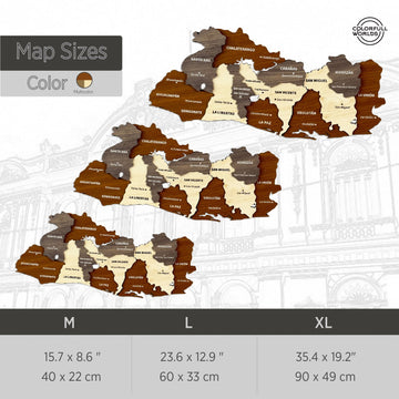 Size chart for the El Salvador wooden map: M 40 x 22 cm, L 60 x 33 cm and XL 90 x 49 cm, 15.7 x 8.6 to 35.4 x 19.2 in