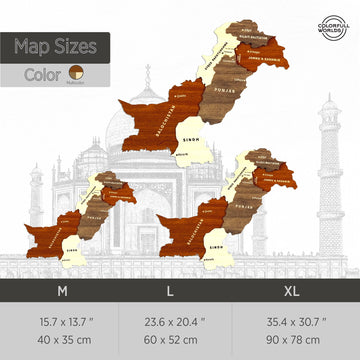 Size chart for the Pakistan wooden wall map: M 40 x 35 cm, L 60 x 52 cm, XL 90 x 78 cm, multicolor