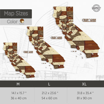 Size chart for the wooden California map: M 14.1 x 15.7 in, L 21.2 x 23.6 in and XL 31.8 x 35.4 in (36x40, 54x60, 81x90 cm)