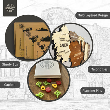 Spain wooden wall map infographic: multi-layered design, sturdy box, major cities, capital and planning pins