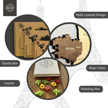 France wooden wall map infographic: multi-layered design, sturdy box, major cities, capital and planning pins