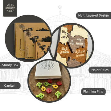 Infographic of the Palestine wooden map showing multi-layered design, major cities, capital, planning pins and sturdy box