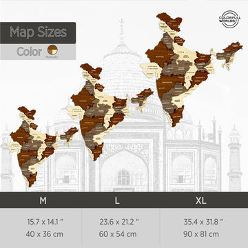 Size chart for the wooden India map: M 40 x 36 cm, L 60 x 54 cm and XL 90 x 81 cm, multicolor