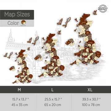 Size chart for the United Kingdom wooden wall map in three sizes, M 45 x 35 cm up to XL 100 x 78 cm, multicolor