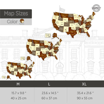 Size chart for the wooden USA map: M 40 x 25 cm, L 60 x 37 cm, XL 90 x 55 cm