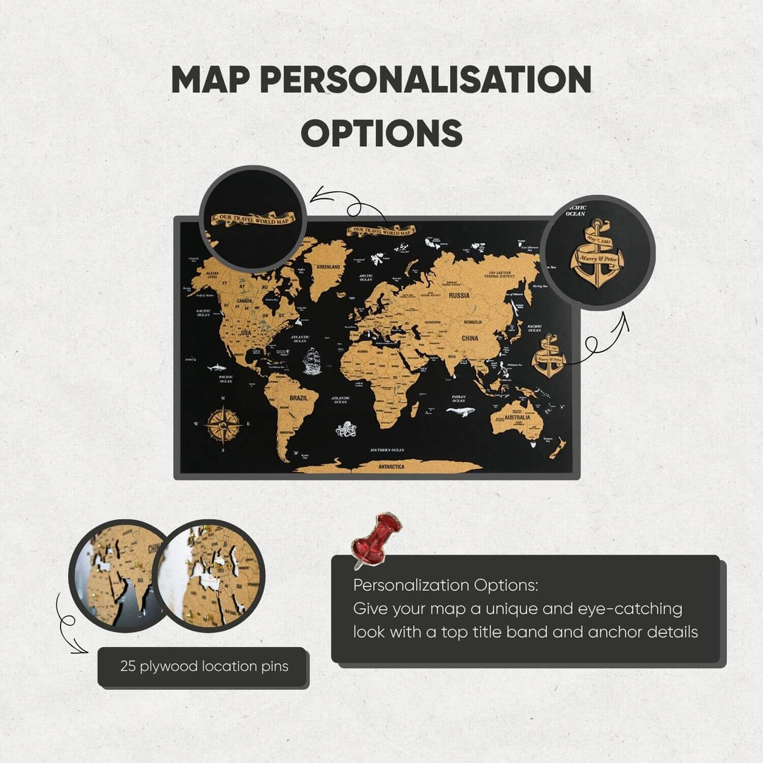 Cork Push Pin World Map - Unframed Travel Tracker Wall Art