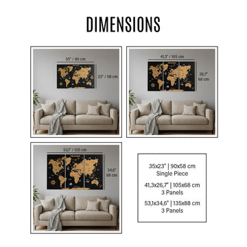 Cork world map dimensions: 90x58 cm single piece, 105x68 cm and 135x88 cm in 3 panels (35x23 to 53.1x34.6 in)