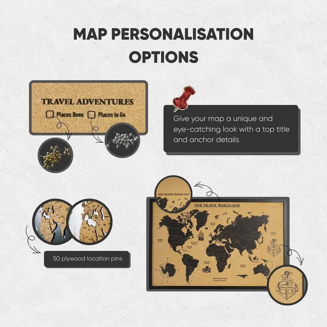 Framed Cork World Map – Interactive Travel Pin Board