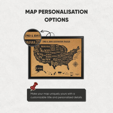 Infographic of cork USA map personalization options: a customizable title and personalized details