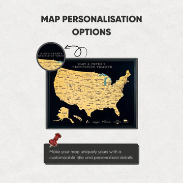 Map personalization options for the framed cork USA map: a customizable title and personalized details