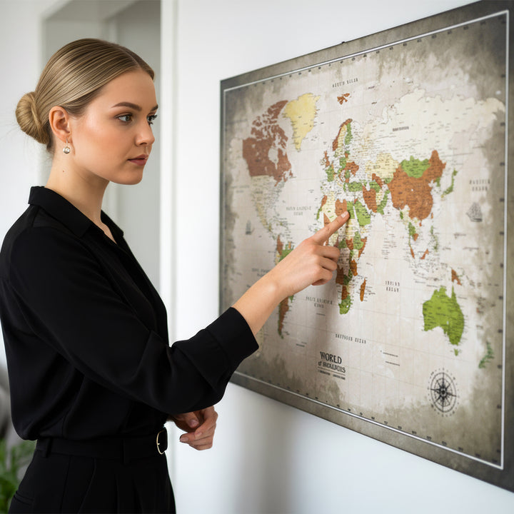 Rustic Sepia & Beige Canvas World Map - World of Memories