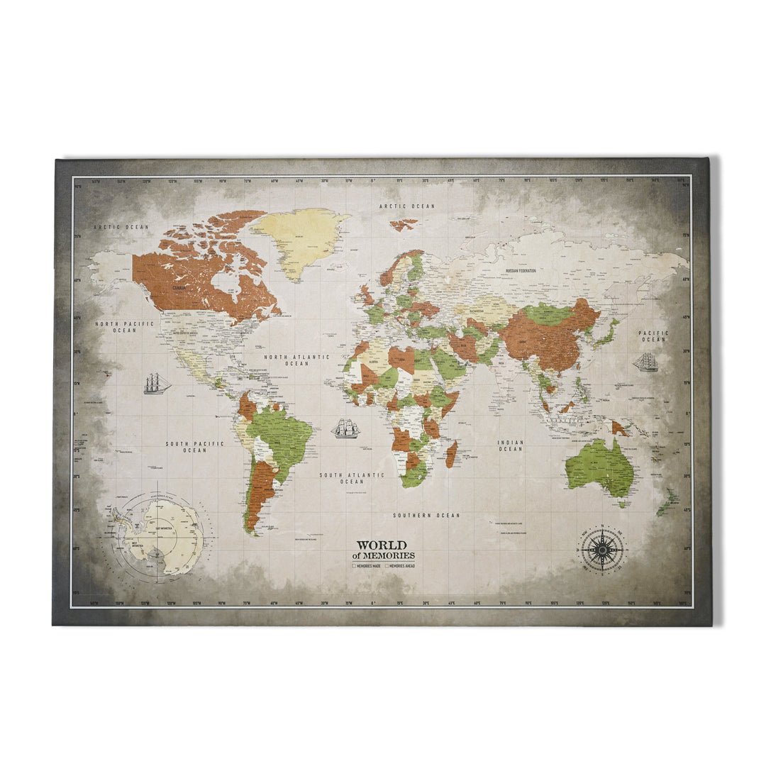 Rustic Sepia & Beige Canvas World Map - World of Memories