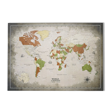 Sepia and beige canvas world map with a thin white border on a white background, front view