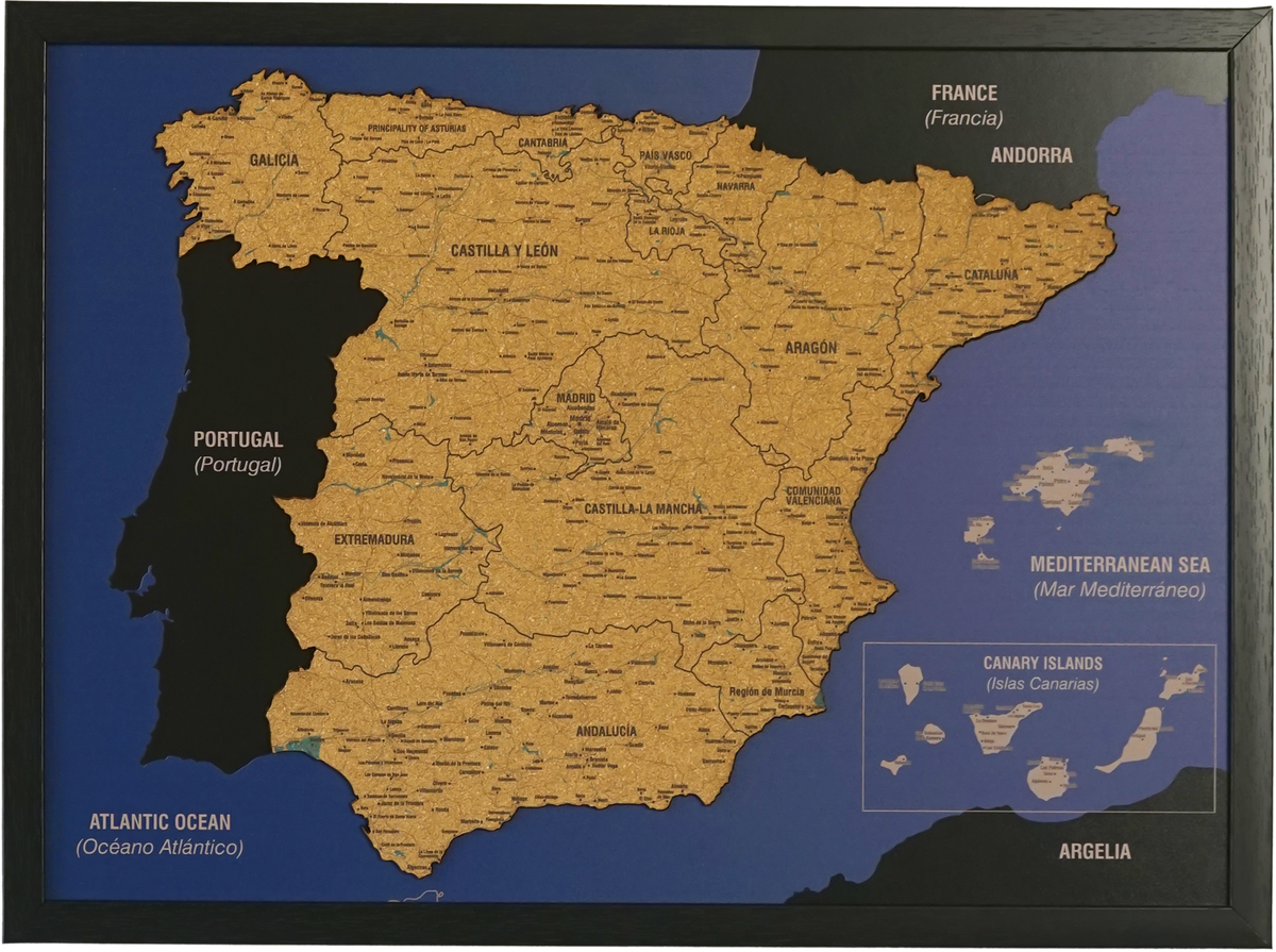 Framed Spain Cork Wall Map Decor &mdash; size Spain Cork Medium shown to scale on a 2.0 metre wall