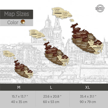 Size chart for the wooden Malta map: M 40 x 35 cm, L 60 x 53 cm, XL 90 x 79 cm