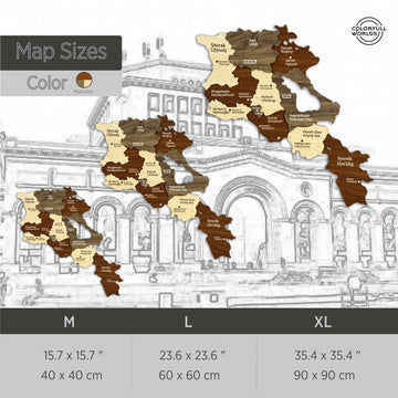 Size chart for the Armenia wooden map: M 40 x 40 cm, L 60 x 60 cm and XL 90 x 90 cm, 15.7 to 35.4 in square