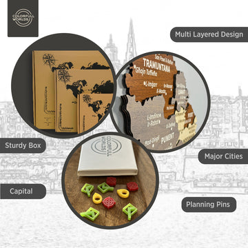 Wooden Malta map features: multi-layered design, capital and major cities, planning pins, sturdy box