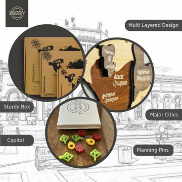 Armenia wooden map features: multi-layered design, major cities, capital, planning pins and a sturdy shipping box