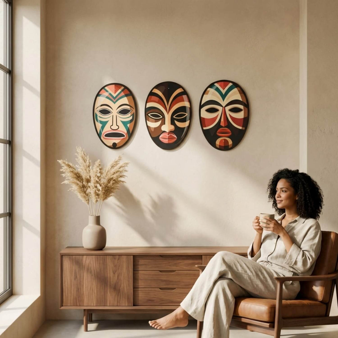 Three-piece African masks metal wall art on a beige wall beside a woman with coffee