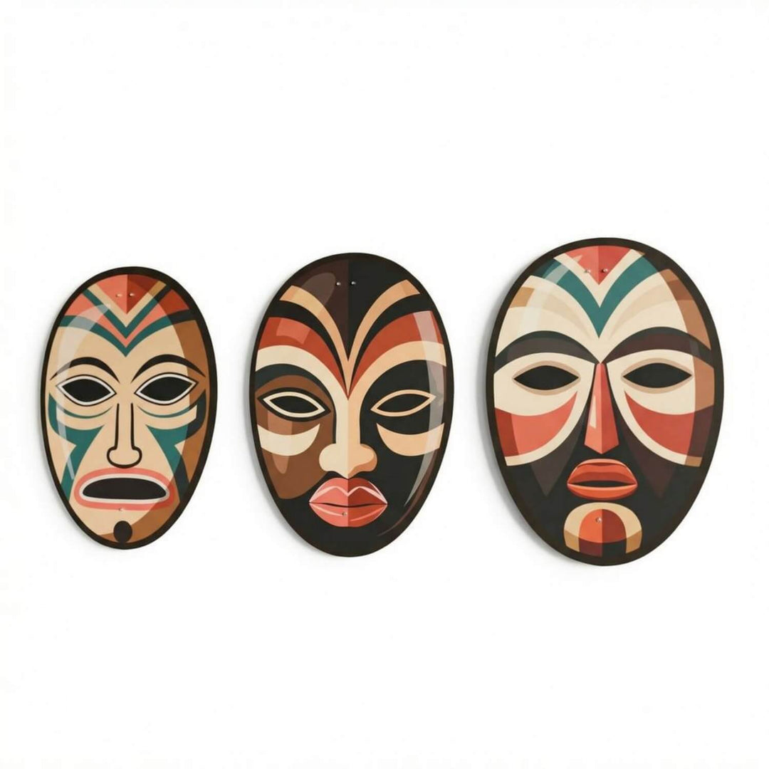The three oval African mask metal panels on white