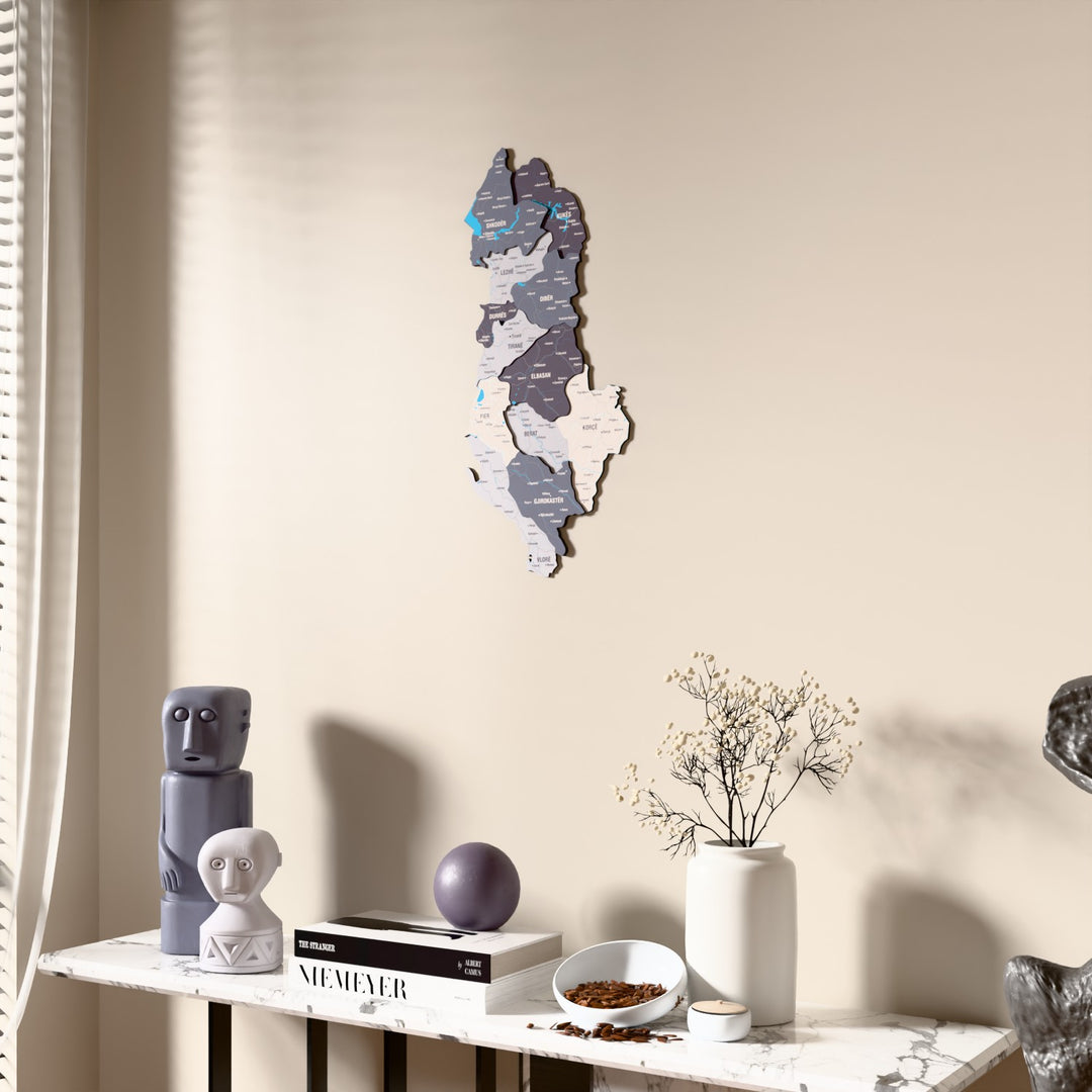 Nimbus Albania wooden wall map beside a sheer curtain, angled view