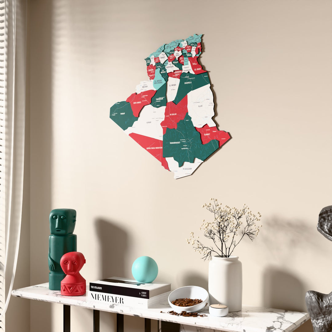 Flag colored Algeria wooden wall map beside a sheer curtain, angled view