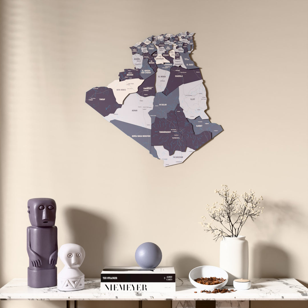 Nimbus Algeria wooden wall map above a marble console, front view