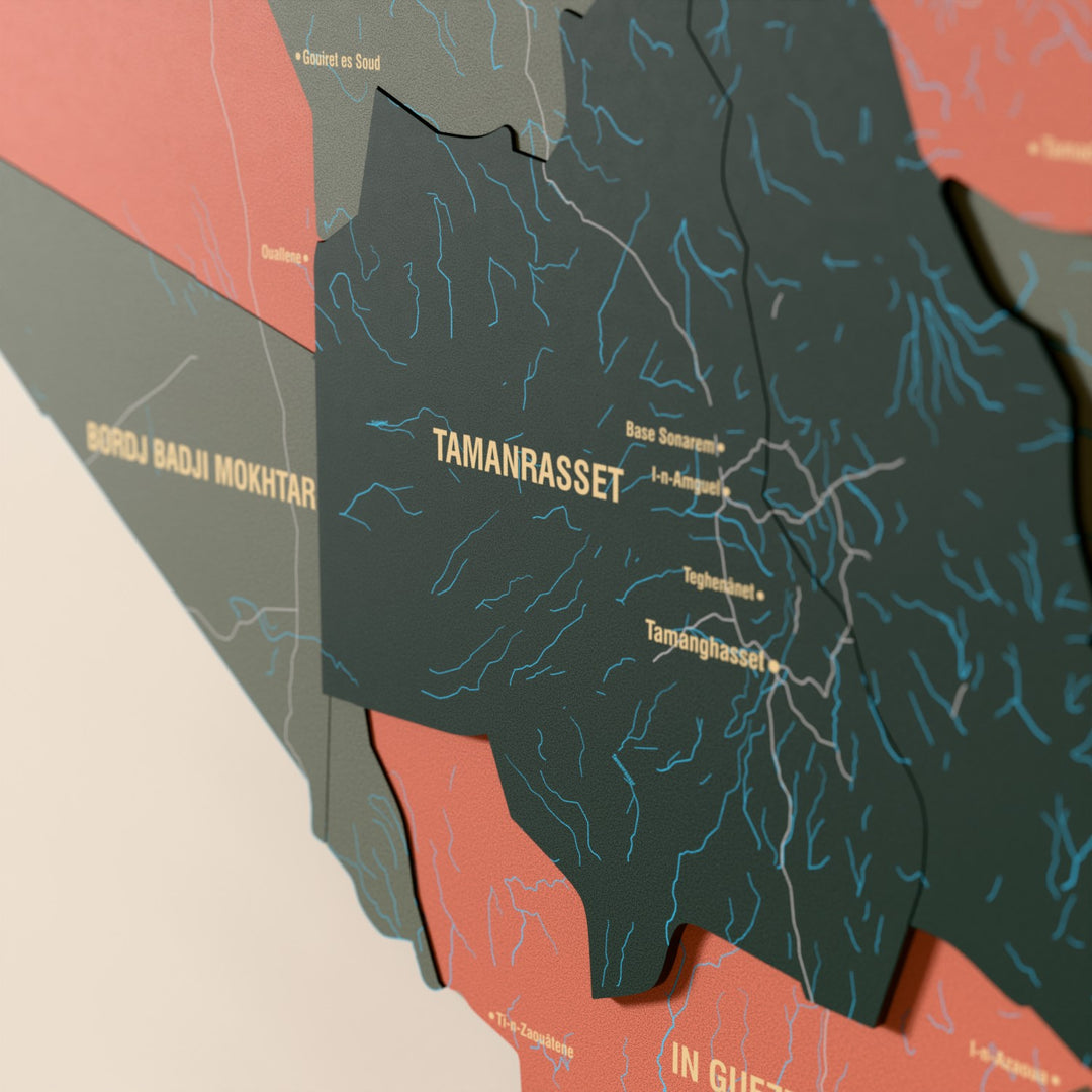 Close-up of the Sage Algeria wooden wall map with layered regions and printed names