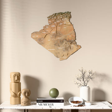 Satellite Algeria wooden wall map above a marble console, front view