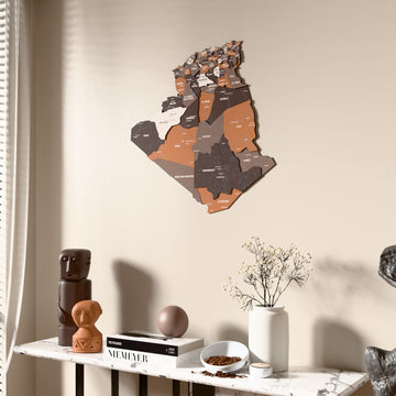 Soil Algeria wooden wall map beside a sheer curtain, angled view