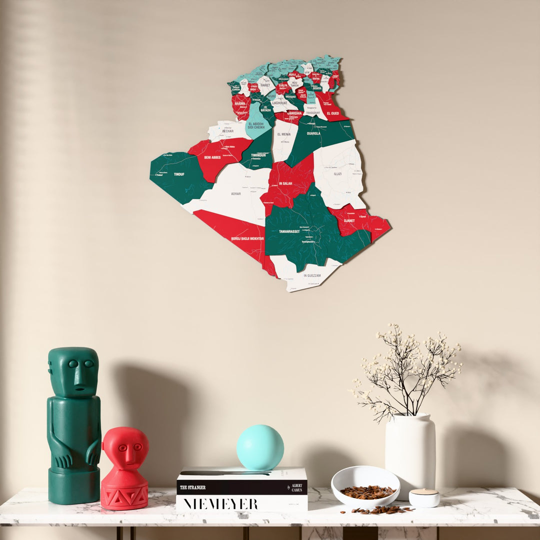 Flag colored Algeria wooden wall map above a marble console, front view